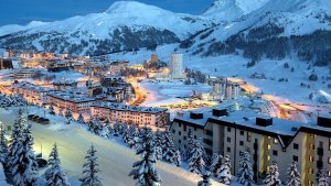 building-snow-mountains-trees-city-landscape