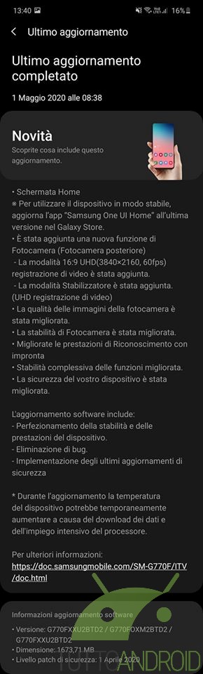 samsung galaxy s10 lite patch aprile 2020