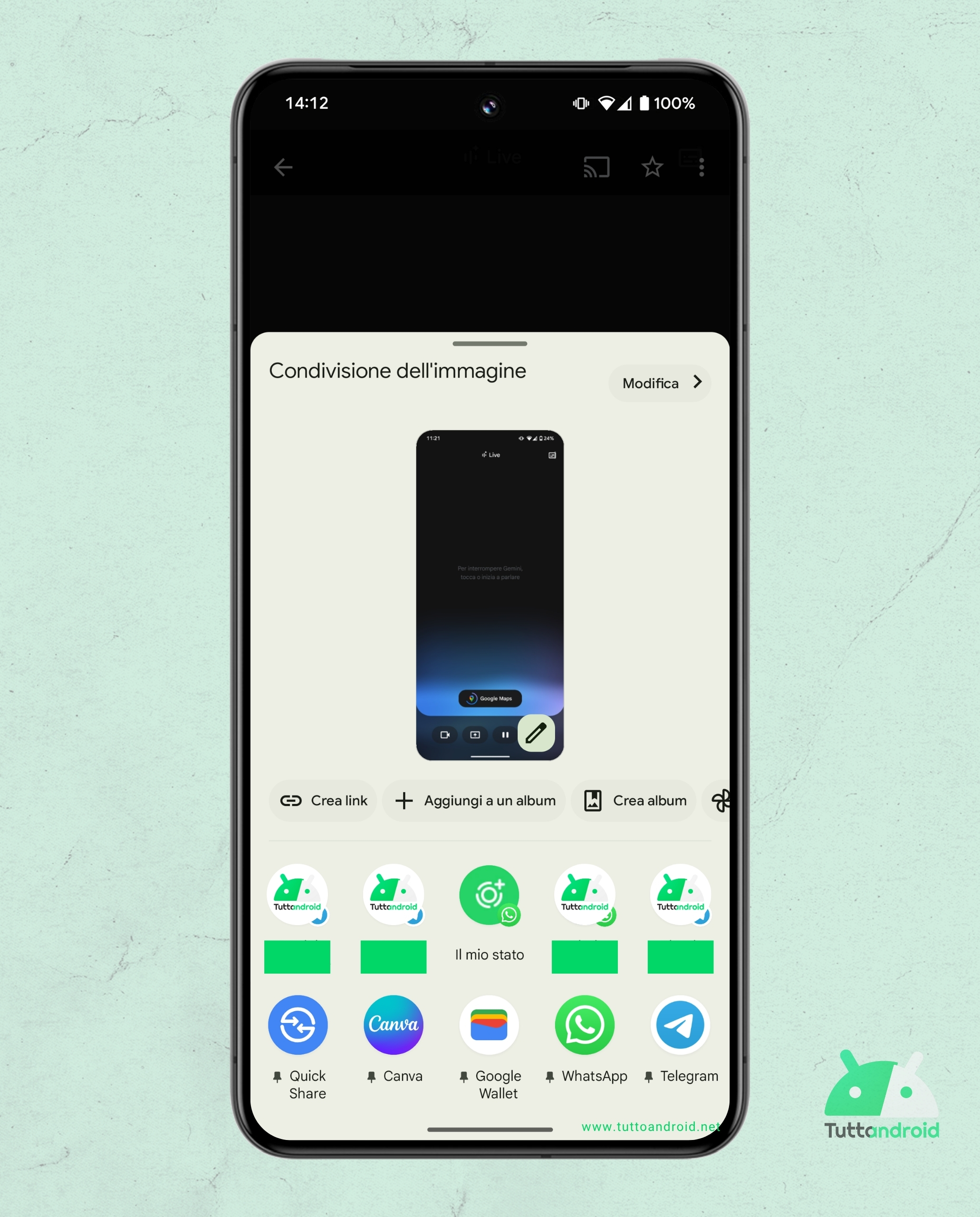 Foglio condivisione Android - condividi con Google Wallet