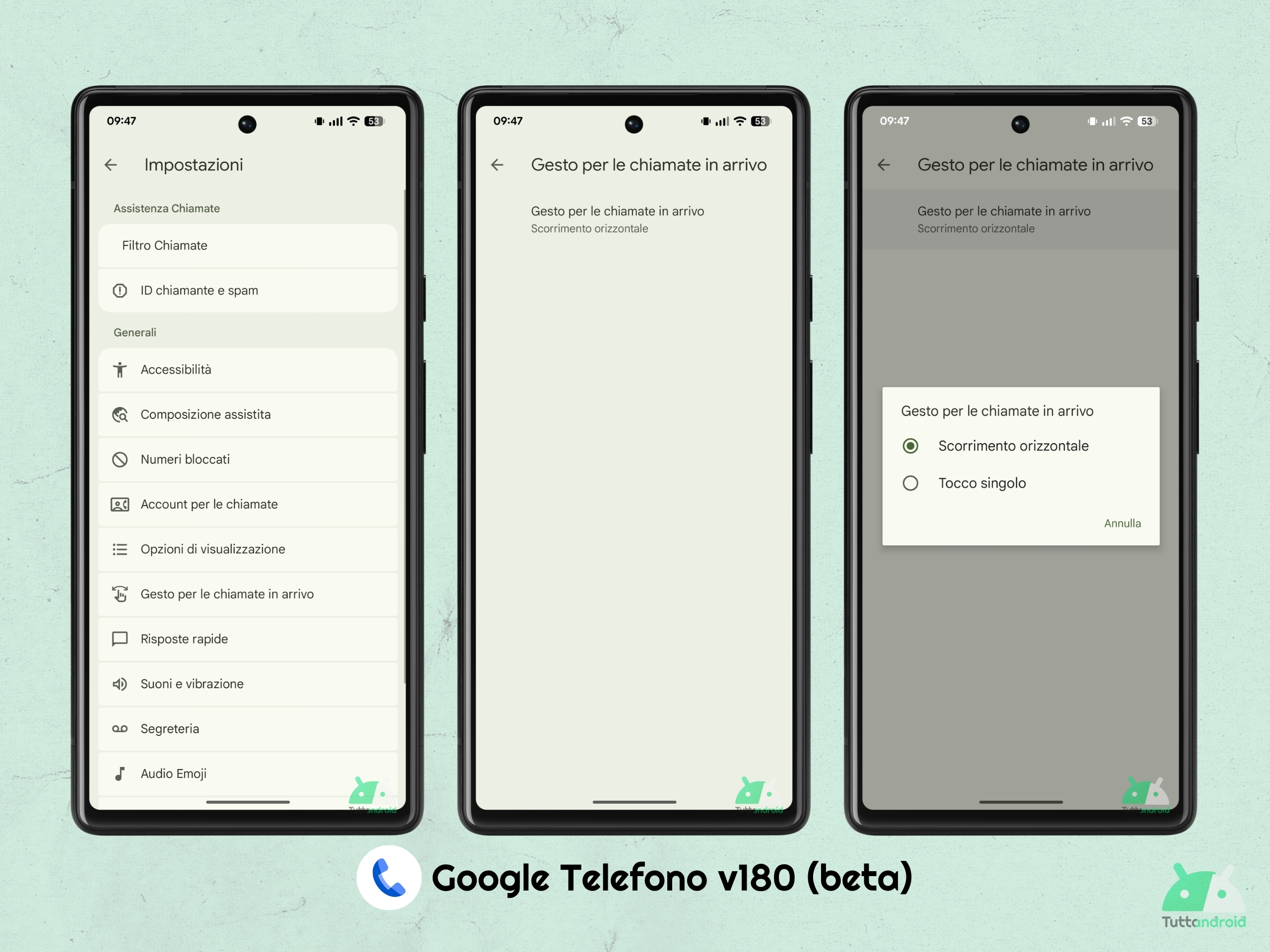 Google Telefono v180 publicbeta - UI M3E - Gesto per le chiamate in arrivo