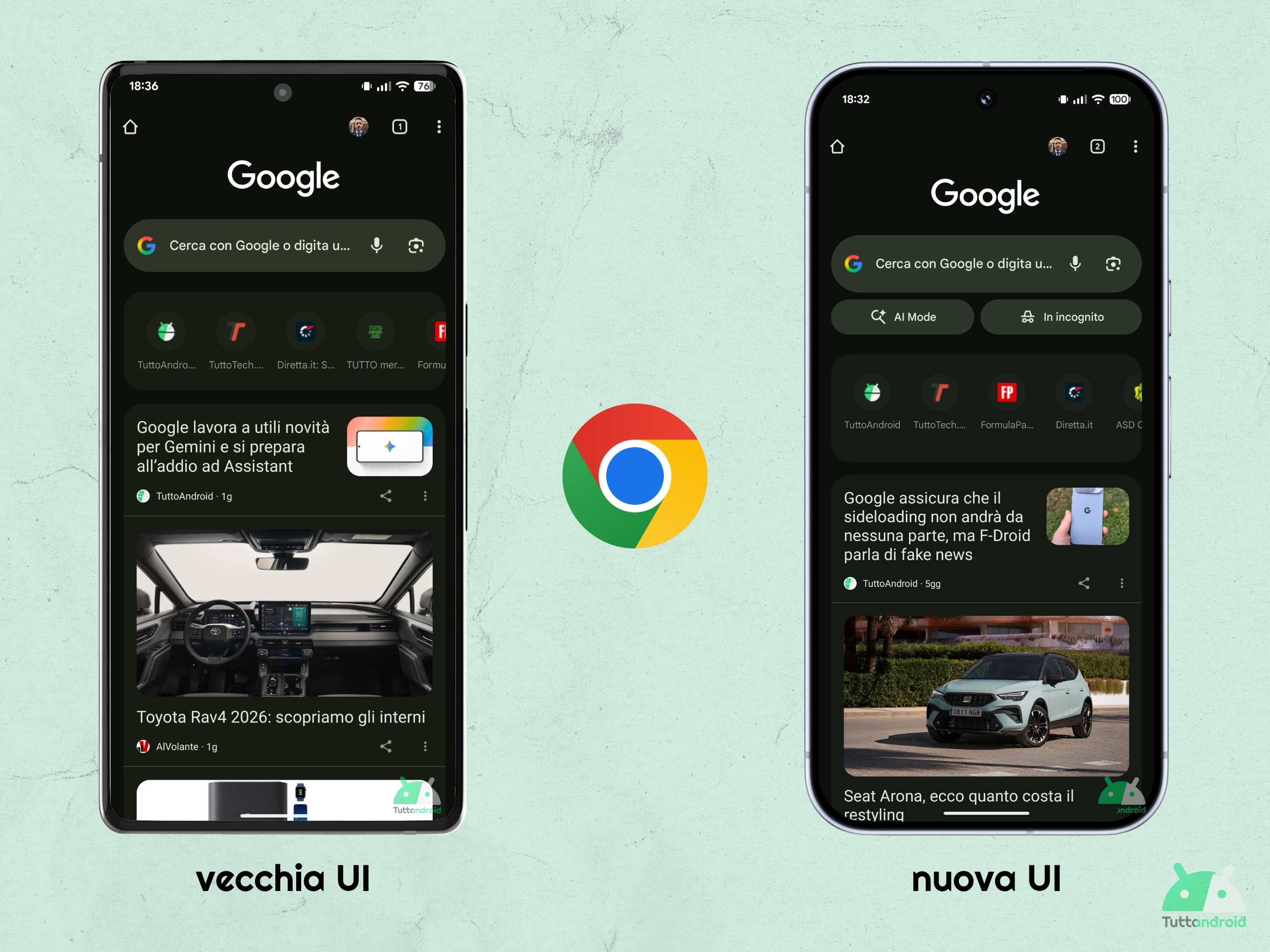 Google Chrome v142 - confronto senza e con scorciatoia AI Mode